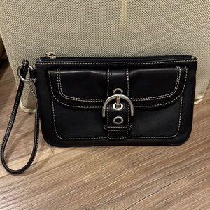 Coach Black Leather Wristlet with Buckle Detail